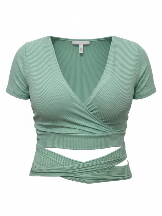 Current Mood Tops - Ribbed Wrap Crop Top - Mint Green